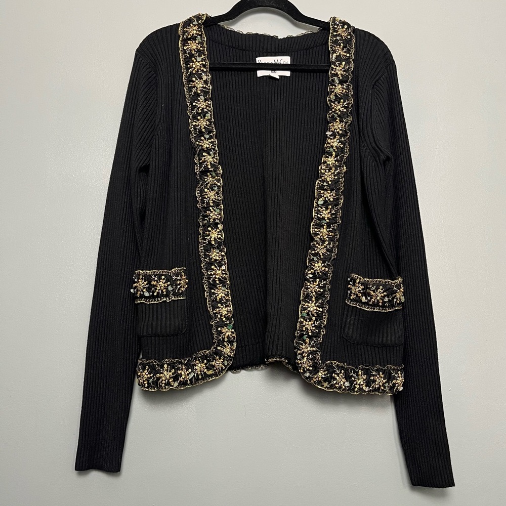 Pamela McCoy Crystal Embellished Cardigan Black Ribbed Sweater Women’s Size L